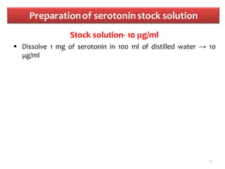 Preparationof serotoninstock solution
Stock solution- 10 μg/ml
 Dissolve 1 mg of serotonin in 100 ml of distilled water → 10
μg/ml
9
 