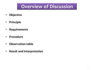 Overview of Discussion
• Objective
• Principle
• Requirements
• Procedure
• Observation table
• Result and interpretation
2
 