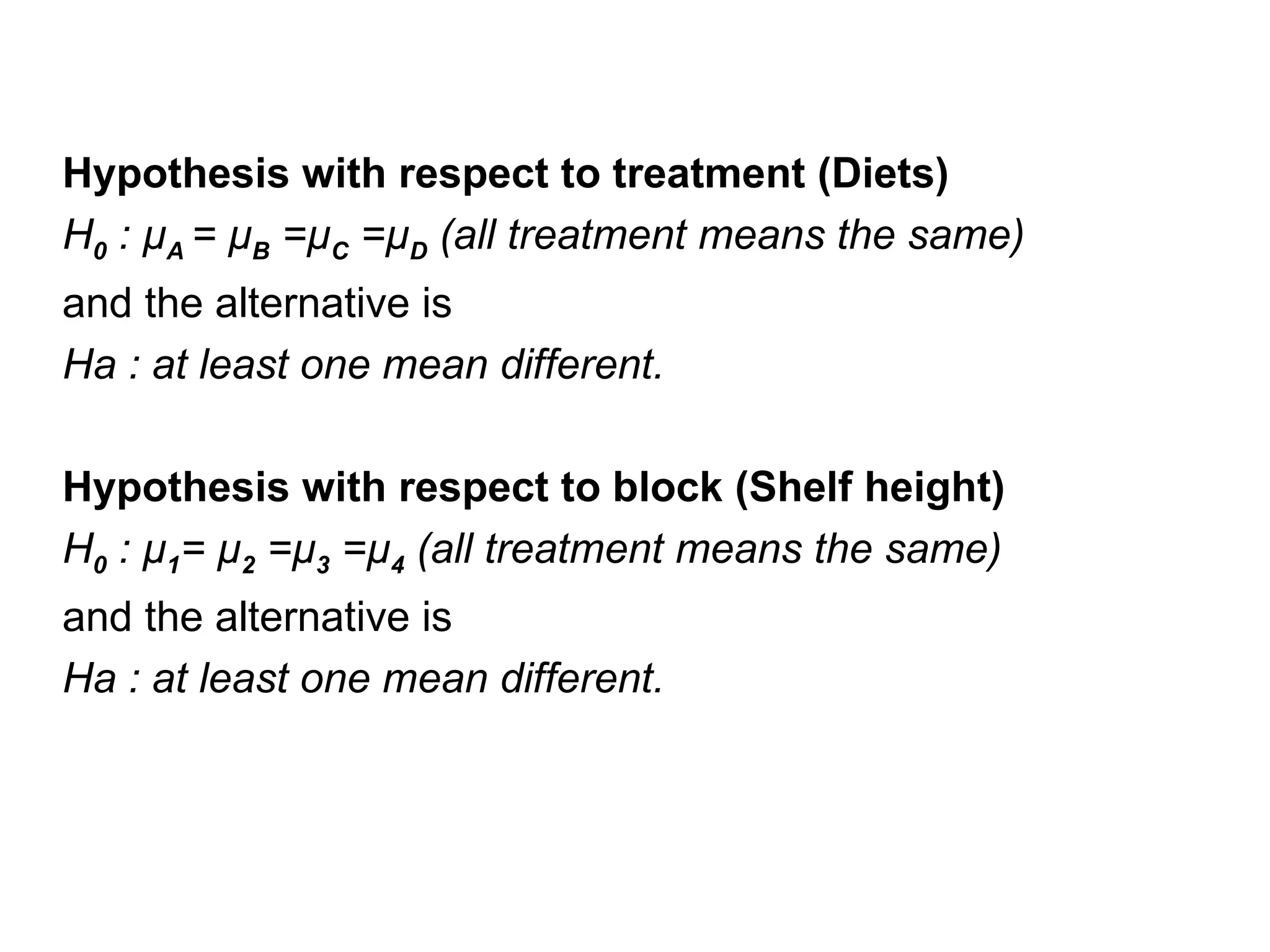 Hypothesis with respect to treatment (Diets)
H0 : µA = µB =µC =µD (all treatment means the same)
and the alternative is
Ha : at least one mean different.
Hypothesis with respect to block (Shelf height)
H0 : µ1= µ2 =µ3 =µ4 (all treatment means the same)
and the alternative is
Ha : at least one mean different.
 