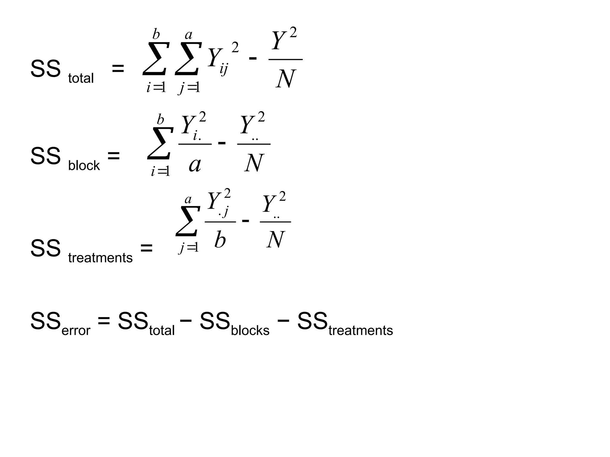 SS total =
SS block =
SS treatments =
SSerror = SStotal − SSblocks − SStreatments
N
Y
Y
b
i
a
j
ij
2
1 1
2


 
N
Y
a
Y
b
i
i
2
..
1
2
.



N
Y
b
Y
a
j
j
2
..
1
2
.



 