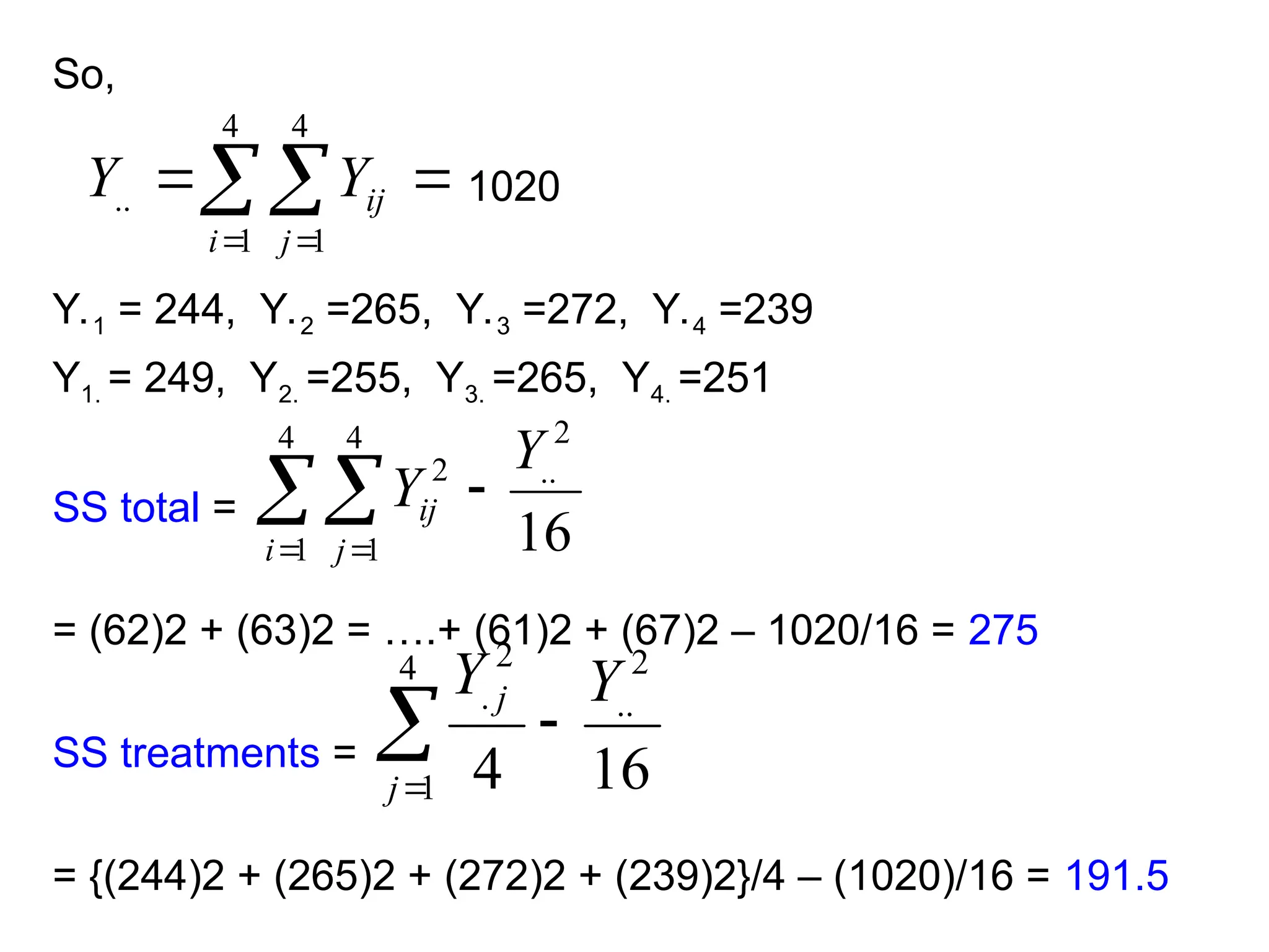 So,
1020
Y.1 = 244, Y.2 =265, Y.3 =272, Y.4 =239
Y1. = 249, Y2. =255, Y3. =265, Y4. =251
SS total =
= (62)2 + (63)2 = ….+ (61)2 + (67)2 – 1020/16 = 275
SS treatments =
= {(244)2 + (265)2 + (272)2 + (239)2}/4 – (1020)/16 = 191.5


 
4
1
4
1
..
i j
ij
Y
Y
16
2
..
4
1
4
1
2 Y
Y
i j
ij 

 
16
4
2
..
4
1
2
. Y
Y
j
j



 