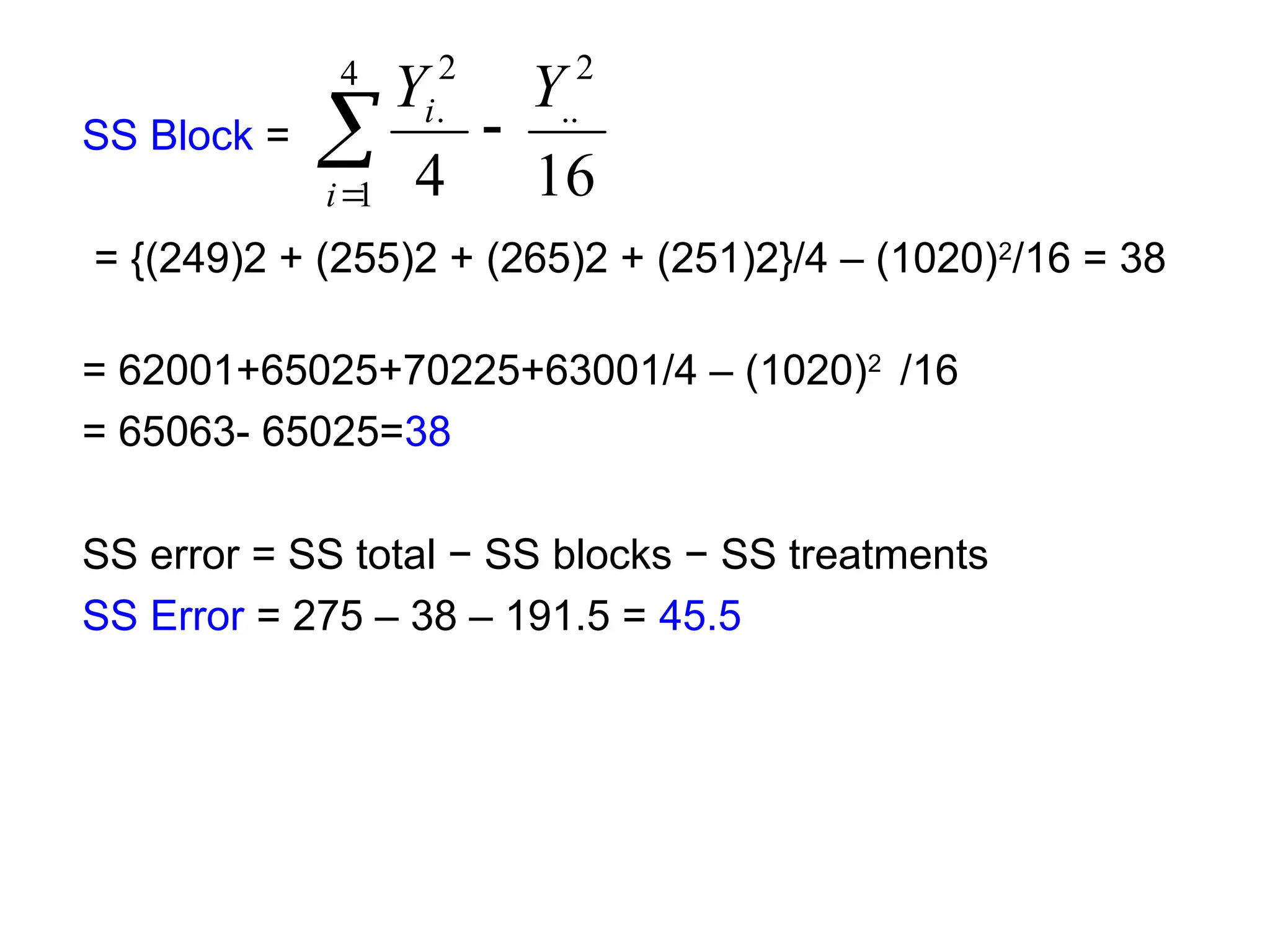 SS Block =
= {(249)2 + (255)2 + (265)2 + (251)2}/4 – (1020)2
/16 = 38
= 62001+65025+70225+63001/4 – (1020)2
/16
= 65063- 65025=38
SS error = SS total − SS blocks − SS treatments
SS Error = 275 – 38 – 191.5 = 45.5
16
4
2
..
4
1
2
. Y
Y
i
i



 