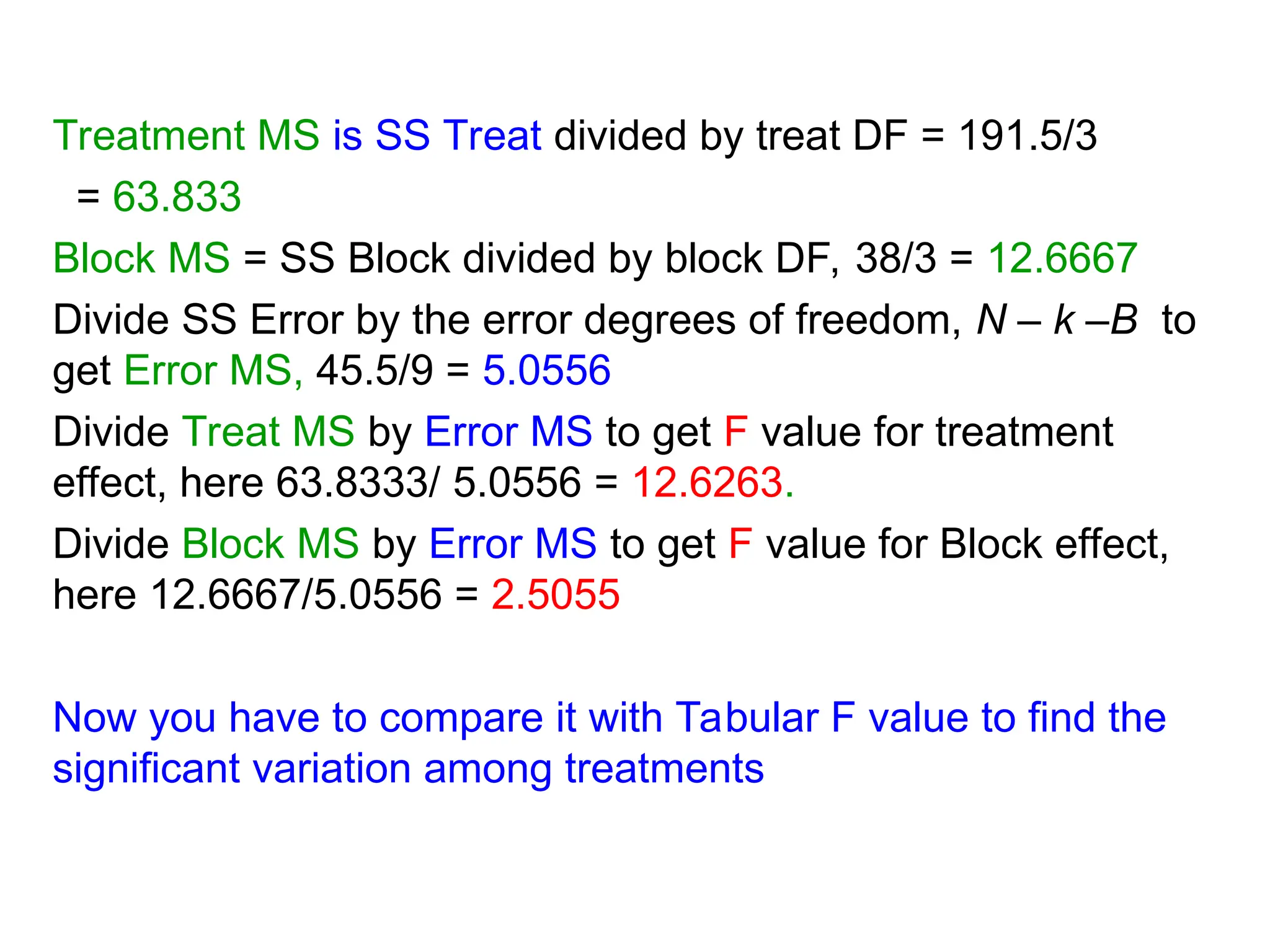 Treatment MS is SS Treat divided by treat DF = 191.5/3
= 63.833
Block MS = SS Block divided by block DF, 38/3 = 12.6667
Divide SS Error by the error degrees of freedom, N – k –B to
get Error MS, 45.5/9 = 5.0556
Divide Treat MS by Error MS to get F value for treatment
effect, here 63.8333/ 5.0556 = 12.6263.
Divide Block MS by Error MS to get F value for Block effect,
here 12.6667/5.0556 = 2.5055
Now you have to compare it with Tabular F value to find the
significant variation among treatments
 
