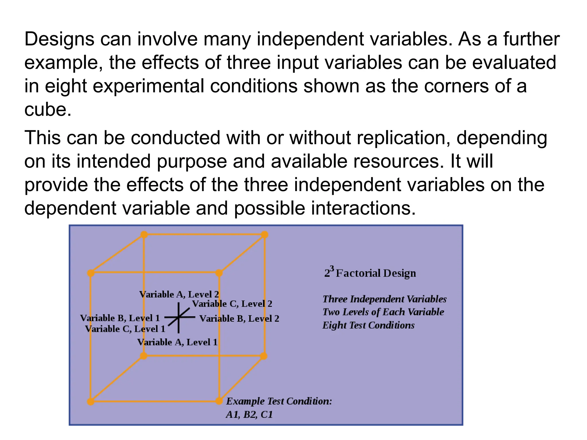 Designs can involve many independent variables. As a further
example, the effects of three input variables can be evaluated
in eight experimental conditions shown as the corners of a
cube.
This can be conducted with or without replication, depending
on its intended purpose and available resources. It will
provide the effects of the three independent variables on the
dependent variable and possible interactions.
 