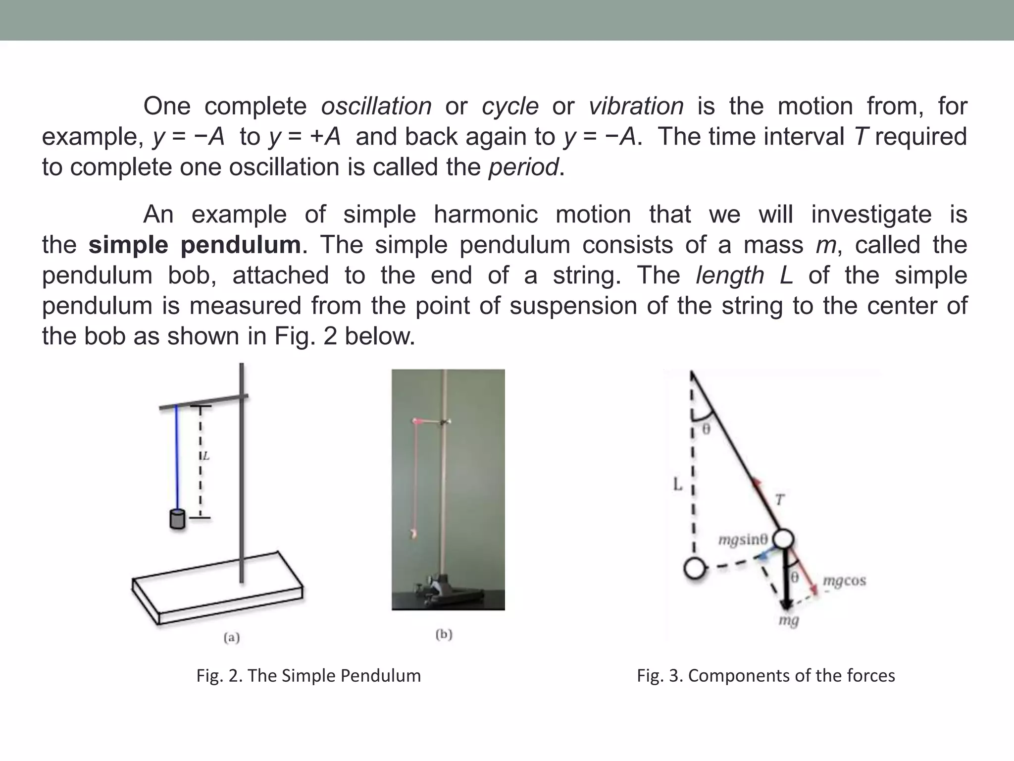 One complete oscillation or cycle or vibration is the motion from, for
example, y = −A to y = +A and back again to y = −A. The time interval T required
to complete one oscillation is called the period.
An example of simple harmonic motion that we will investigate is
the simple pendulum. The simple pendulum consists of a mass m, called the
pendulum bob, attached to the end of a string. The length L of the simple
pendulum is measured from the point of suspension of the string to the center of
the bob as shown in Fig. 2 below.
Fig. 2. The Simple Pendulum Fig. 3. Components of the forces
 