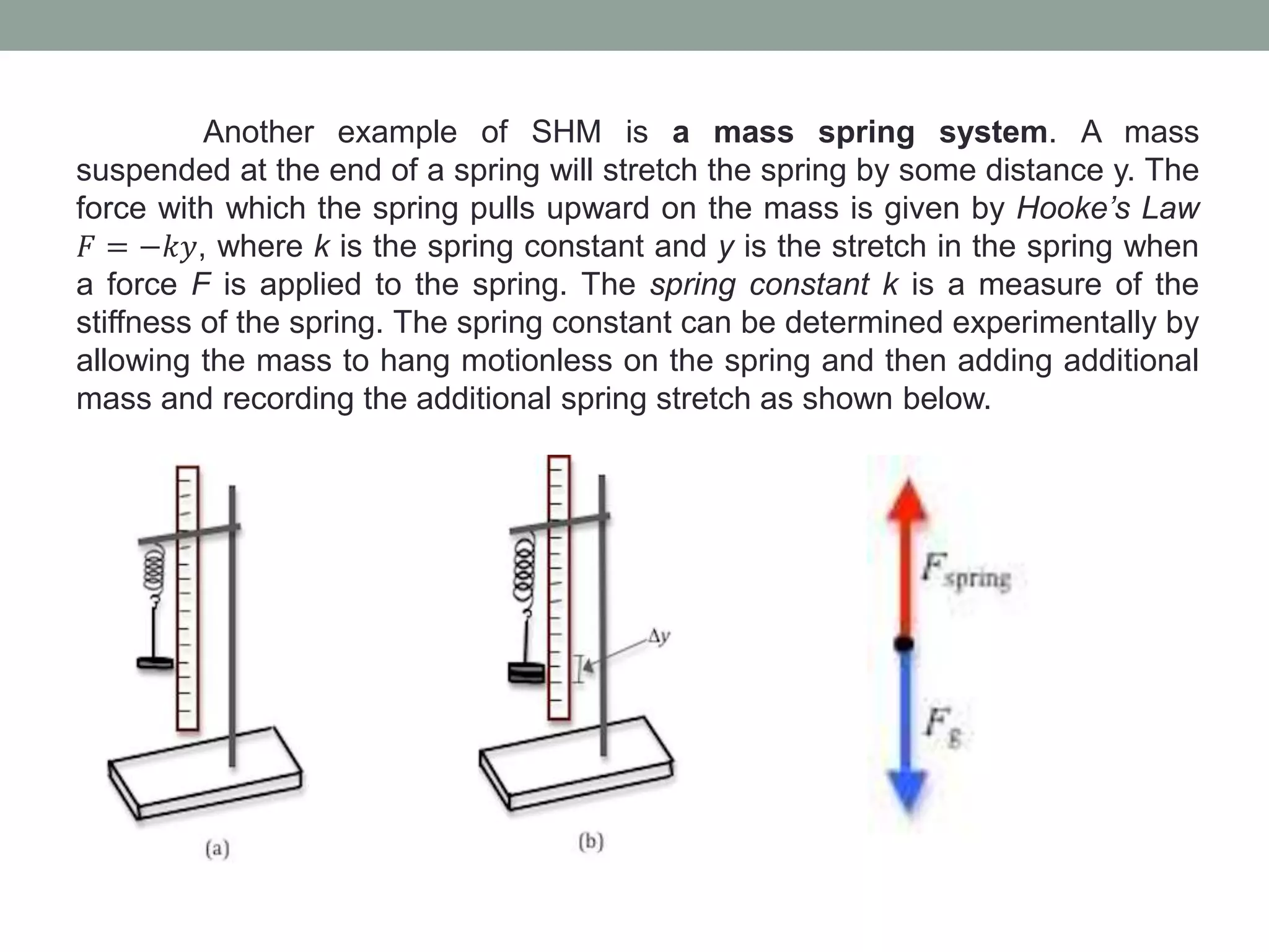 Another example of SHM is a mass spring system. A mass
suspended at the end of a spring will stretch the spring by some distance y. The
force with which the spring pulls upward on the mass is given by Hooke’s Law
𝐹 = −𝑘𝑦, where k is the spring constant and y is the stretch in the spring when
a force F is applied to the spring. The spring constant k is a measure of the
stiffness of the spring. The spring constant can be determined experimentally by
allowing the mass to hang motionless on the spring and then adding additional
mass and recording the additional spring stretch as shown below.
 