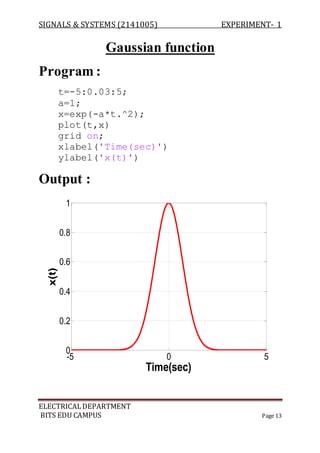 SIGNALS & SYSTEMS (2141005) EXPERIMENT- 1
ELECTRICALDEPARTMENT
BITS EDU CAMPUS Page 13
Gaussian function
Program :
t=-5:0.03:5;
a=1;
x=exp(-a*t.^2);
plot(t,x)
grid on;
xlabel('Time(sec)')
ylabel('x(t)')
Output :
-5 0 5
0
0.2
0.4
0.6
0.8
1
Time(sec)
x(t)
 