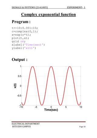 SIGNALS & SYSTEMS (2141005) EXPERIMENT- 1
ELECTRICALDEPARTMENT
BITS EDU CAMPUS Page 18
Complex exponential function
Program :
t=-10:0.001:10;
c=complex(0,1);
x=exp(c*t);
plot(t,x);
grid on;
xlabel('Time(sec)')
ylabel('x(t)')
Output :
-10 -5 0 5 10
-1
-0.5
0
0.5
1
Time(sec)
x(t)
 