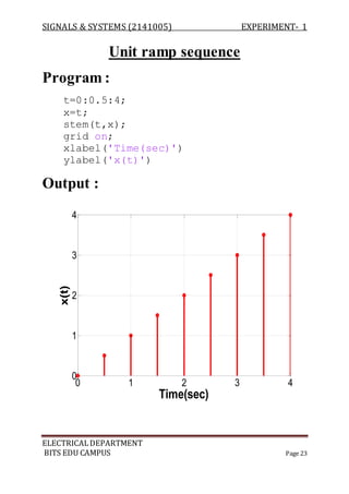 SIGNALS & SYSTEMS (2141005) EXPERIMENT- 1
ELECTRICALDEPARTMENT
BITS EDU CAMPUS Page 23
Unit ramp sequence
Program :
t=0:0.5:4;
x=t;
stem(t,x);
grid on;
xlabel('Time(sec)')
ylabel('x(t)')
Output :
0 1 2 3 4
0
1
2
3
4
Time(sec)
x(t)
 