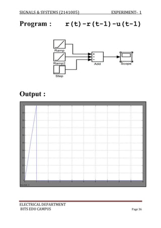 SIGNALS & SYSTEMS (2141005) EXPERIMENT- 1
ELECTRICALDEPARTMENT
BITS EDU CAMPUS Page 36
Program : r(t)-r(t-1)-u(t-1)
Output :
 