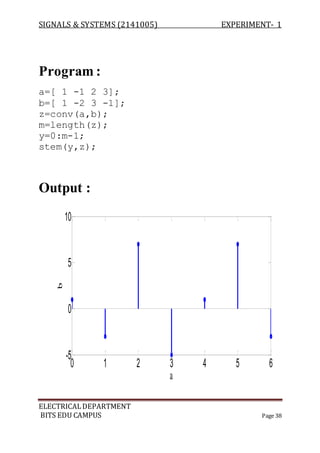 SIGNALS & SYSTEMS (2141005) EXPERIMENT- 1
ELECTRICALDEPARTMENT
BITS EDU CAMPUS Page 38
Program :
a=[ 1 -1 2 3];
b=[ 1 -2 3 -1];
z=conv(a,b);
m=length(z);
y=0:m-1;
stem(y,z);
Output :
0 1 2 3 4 5 6
-5
0
5
10
a
b
 