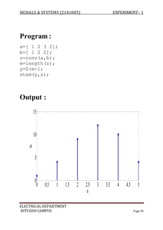 SIGNALS & SYSTEMS (2141005) EXPERIMENT- 1
ELECTRICALDEPARTMENT
BITS EDU CAMPUS Page 39
Program :
a=[ 1 2 3 2];
b=[ 1 2 2];
z=conv(a,b);
m=length(z);
y=0:m-1;
stem(y,z);
Output :
0 0.5 1 1.5 2 2.5 3 3.5 4 4.5 5
0
5
10
15
a
b
 