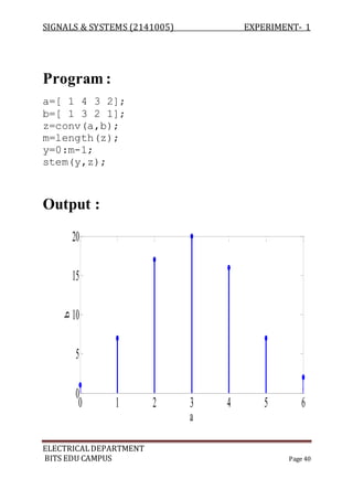 SIGNALS & SYSTEMS (2141005) EXPERIMENT- 1
ELECTRICALDEPARTMENT
BITS EDU CAMPUS Page 40
Program :
a=[ 1 4 3 2];
b=[ 1 3 2 1];
z=conv(a,b);
m=length(z);
y=0:m-1;
stem(y,z);
Output :
0 1 2 3 4 5 6
0
5
10
15
20
a
b
 