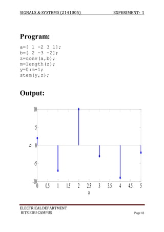 SIGNALS & SYSTEMS (2141005) EXPERIMENT- 1
ELECTRICALDEPARTMENT
BITS EDU CAMPUS Page 41
Program:
a=[ 1 -2 3 1];
b=[ 2 -3 -2];
z=conv(a,b);
m=length(z);
y=0:m-1;
stem(y,z);
Output:
0 0.5 1 1.5 2 2.5 3 3.5 4 4.5 5
-10
-5
0
5
10
a
b
 