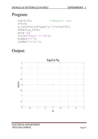 SIGNALS & SYSTEMS (2141005) EXPERIMENT- 1
ELECTRICALDEPARTMENT
BITS EDU CAMPUS Page 57
Program:
ts2=0.01; %=Nyquist rate
n=0:4;
x_ts2=2*sin(2*sym('pi')*n*ts2/T);
stem(n,x_ts2);
grid on;
title('Equal to Nq');
xlabel('n');
ylabel('x(n)');
Output:
0 0.5 1 1.5 2 2.5 3 3.5 4
-2
-1.5
-1
-0.5
0
0.5
1
1.5
2
Equal to Nq
n
x(n)
 