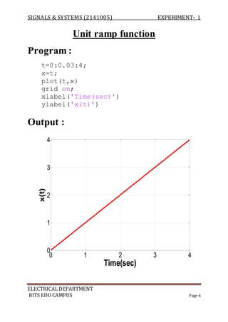 SIGNALS & SYSTEMS (2141005) EXPERIMENT- 1
ELECTRICALDEPARTMENT
BITS EDU CAMPUS Page 6
Unit ramp function
Program :
t=0:0.03:4;
x=t;
plot(t,x)
grid on;
xlabel('Time(sec)')
ylabel('x(t)')
Output :
0 1 2 3 4
0
1
2
3
4
Time(sec)
x(t)
 