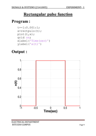 SIGNALS & SYSTEMS (2141005) EXPERIMENT- 1
ELECTRICALDEPARTMENT
BITS EDU CAMPUS Page 9
Rectangular pulse function
Program :
t=-1:0.001:1;
x=rectpuls(t);
plot(t,x);
grid on;
xlabel('Time(sec)')
ylabel('x(t)')
Output :
-1 -0.5 0 0.5 1
0
0.2
0.4
0.6
0.8
1
Time(sec)
x(t)
 