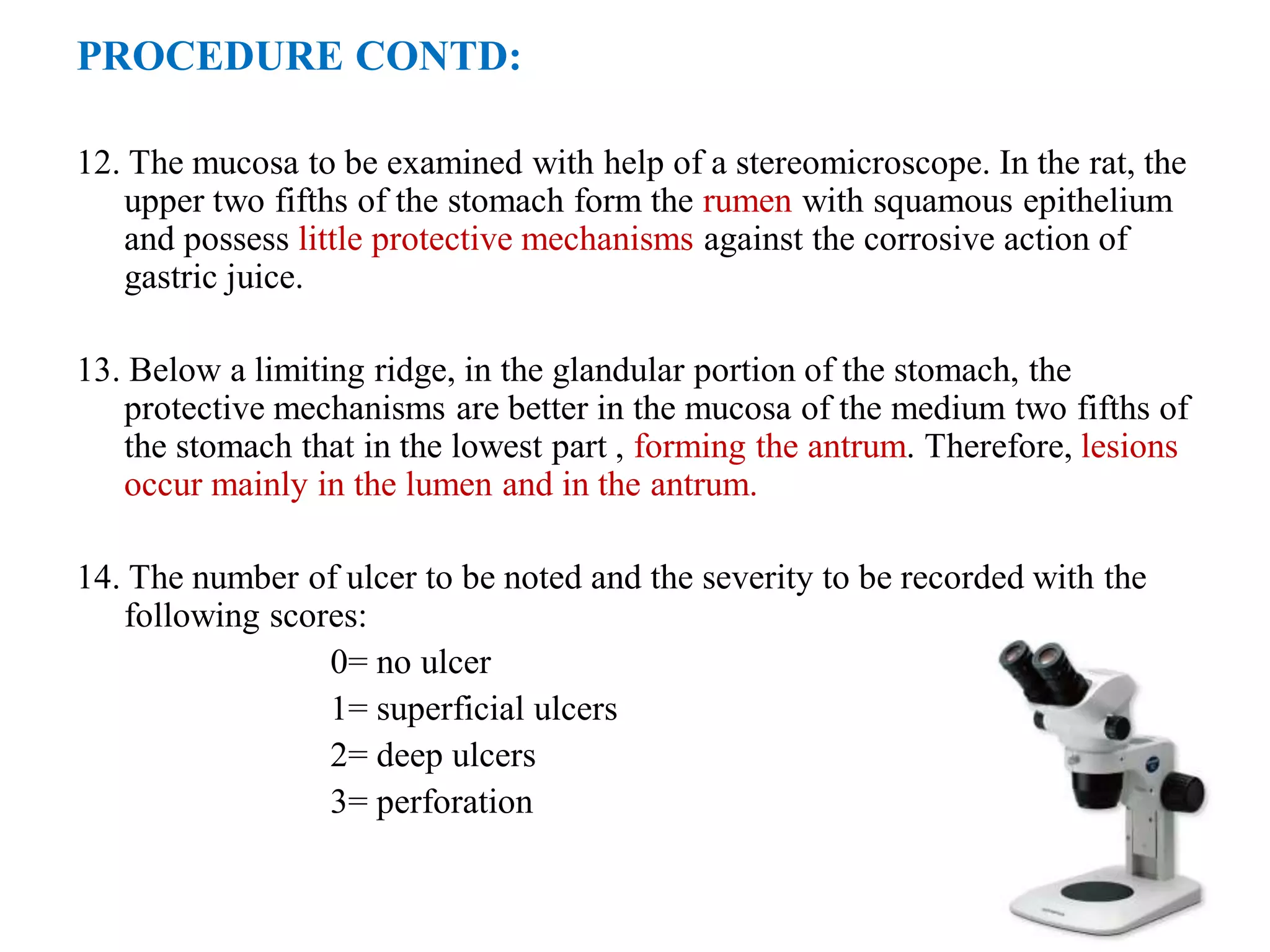 PROCEDURE CONTD:
12. The mucosa to be examined with help of a stereomicroscope. In the rat, the
upper two fifths of the stomach form the rumen with squamous epithelium
and possess little protective mechanisms against the corrosive action of
gastric juice.
13. Below a limiting ridge, in the glandular portion of the stomach, the
protective mechanisms are better in the mucosa of the medium two fifths of
the stomach that in the lowest part , forming the antrum. Therefore, lesions
occur mainly in the lumen and in the antrum.
14. The number of ulcer to be noted and the severity to be recorded with the
following scores:
0= no ulcer
1= superficial ulcers
2= deep ulcers
3= perforation
 