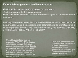 Estas entidades puede ser de diferente carácter: Entidades físicas: un libro, una bebida, un empleado