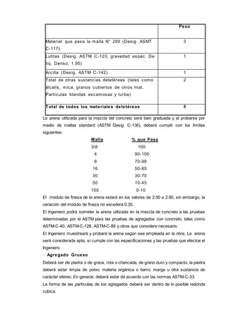 Peso 
Material que pasa la malla N° 200 (Desig. ASMT 
C-117) 
3 
Lutitas (Desig. ASTM C-123, gravedad espec. De 
líq. Denso, 1.95) 
1 
Arcilla (Desig. ASTM C-142) 1 
Total de otras sustancias deletéreas (tales como 
2 
álcalis, mica, granos cubiertos de otros mat. 
Partículas blandas escamosas y turba) 
Total de todos los materiales deletéreos 5 
La arena utilizada para la mezcla del concreto será bien graduada y al probarse por 
medio de mallas standard (ASTM Desig. C-136), deberá cumplir con los límites 
siguientes: 
Malla % que Pasa 
3/8 100 
4 90-100 
8 70-98 
16 50-85 
30 30-70 
50 10-45 
100 0-10 
El módulo de fineza de la arena estará en los valores de 2.50 a 2.90, sin embargo, la 
variación del módulo de fineza no excederá 0.30. 
El Ingeniero podrá someter la arena utilizada en la mezcla de concreto a las pruebas 
determinadas por el ASTM para las pruebas de agregados con concreto, tales como 
ASTM-C-40, ASTM-C-128, ASTM-C-88 y otros que considere necesario. 
El Ingeniero muestreará y probará la arena según sea empleada en la obra. La arena 
será considerada apta, si cumple con las especificaciones y las pruebas que efectúe el 
Ingeniero. 
 Agregado Grueso 
Deberá ser de piedra o de grava, rota o chancada, de grano duro y compacto, la piedra 
deberá estar limpia de polvo, materia orgánica o barro, marga u otra sustancia de 
carácter etéreo. En general, deberá estar de acuerdo con las normas ASTM-C-33. 
La forma de las partículas de los agregados deberá ser dentro de lo posible redonda 
cúbica. 
 