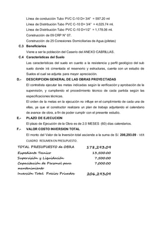 Línea de conducción Tubo PVC C-10 D= 3/4” = 597.20 ml 
Línea de Distribución Tubo PVC C-10 D= 3/4” = 4,025.74 ml. 
Línea de Distribución Tubo PVC C-10 D=1/2” = 1,178.06 ml. 
Construcción de 09 CRP N° 07. 
Construcción de 25 Conexiones Domiciliarias de Agua.(piletas) 
C.3 Beneficiarios 
Viene a ser la población del Caserío del ANEXO CABRILLAS. 
C.4 Características del Suelo 
Las características del suelo en cuanto a la resistencia y perfil geológico del sub 
suelo donde irá cimentada el reservorio y estructuras, cuenta con un estudio de 
Suelos el cual se adjunta para mayor apreciación. 
D.- DESCRIPCION GENERAL DE LAS OBRAS PROYECTADAS 
El contratista ejecutar las metas indicadas según la verificación y aprobación de la 
supervisión, y cumpliendo el procedimiento técnico de cada partida según las 
especificaciones técnicas. 
El orden de la metas en la ejecución no influye en el cumplimiento de cada una de 
ellas, ya que el constructor realizara un plan de trabajo adjuntando el calendario 
de avance de obra, a fin de poder cumplir con el presente estudio. 
E.- PLAZO DE EJECUCION 
El plazo de Ejecución de la Obra es de 2.0 MESES (60) días calendarios. 
F.- VALOR COSTO INVERSION TOTAL 
El monto del Valor de la Inversión total asciende a la suma de S/. 206,293.09 - VER 
CUADRO RESUMEN EN PRESUPUESTO. 
TOTAL PRESUPUESTO de OBRA 178,293.09 
Expediente Tecnico 13,500.00 
Supervisión y Liquidación 7,500.00 
Capacitación de Personal para 
7,000.00 
mantenimiento 
Inversión Total Precios Privados 206,293.09 
 