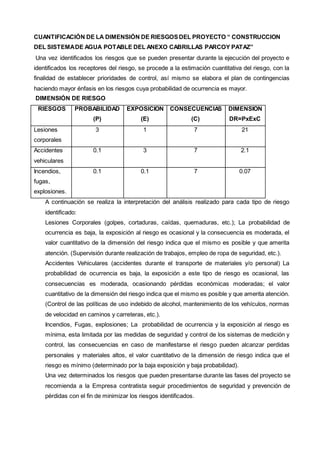 CUANTIFICACIÓN DE LA DIMENSIÓN DE RIESGOS DEL PROYECTO “ CONSTRUCCION 
DEL SISTEMA DE AGUA POTABLE DEL ANEXO CABRILLAS PARCOY PATAZ” 
Una vez identificados los riesgos que se pueden presentar durante la ejecución del proyecto e 
identificados los receptores del riesgo, se procede a la estimación cuantitativa del riesgo, con la 
finalidad de establecer prioridades de control, así mismo se elabora el plan de contingencias 
haciendo mayor énfasis en los riesgos cuya probabilidad de ocurrencia es mayor. 
DIMENSIÓN DE RIESGO 
RIESGOS PROBABILIDAD 
(P) 
EXPOSICION 
(E) 
CONSECUENCIAS 
(C) 
DIMENSION 
DR=PxExC 
Lesiones 
corporales 
3 1 7 21 
Accidentes 
vehiculares 
0.1 3 7 2.1 
Incendios, 
fugas, 
explosiones. 
0.1 0.1 7 0.07 
A continuación se realiza la interpretación del análisis realizado para cada tipo de riesgo 
identificado: 
Lesiones Corporales (golpes, cortaduras, caídas, quemaduras, etc.); La probabilidad de 
ocurrencia es baja, la exposición al riesgo es ocasional y la consecuencia es moderada, el 
valor cuantitativo de la dimensión del riesgo indica que el mismo es posible y que amerita 
atención. (Supervisión durante realización de trabajos, empleo de ropa de seguridad, etc.). 
Accidentes Vehiculares (accidentes durante el transporte de materiales y/o personal) La 
probabilidad de ocurrencia es baja, la exposición a este tipo de riesgo es ocasional, las 
consecuencias es moderada, ocasionando pérdidas económicas moderadas; el valor 
cuantitativo de la dimensión del riesgo indica que el mismo es posible y que amerita atención. 
(Control de las políticas de uso indebido de alcohol, mantenimiento de los vehículos, normas 
de velocidad en caminos y carreteras, etc.). 
Incendios, Fugas, explosiones; La probabilidad de ocurrencia y la exposición al riesgo es 
mínima, esta limitada por las medidas de seguridad y control de los sistemas de medición y 
control, las consecuencias en caso de manifestarse el riesgo pueden alcanzar perdidas 
personales y materiales altos, el valor cuantitativo de la dimensión de riesgo indica que el 
riesgo es mínimo (determinado por la baja exposición y baja probabilidad). 
Una vez determinados los riesgos que pueden presentarse durante las fases del proyecto se 
recomienda a la Empresa contratista seguir procedimientos de seguridad y prevención de 
pérdidas con el fin de minimizar los riesgos identificados. 
 