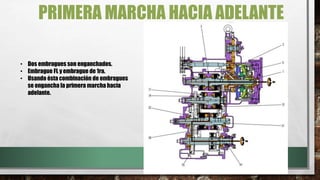 PRIMERA MARCHA HACIA ADELANTE
• Dos embragues son enganchados.
• Embrague FL y embrague de 1ra.
• Usando ésta combinación de embragues
se engancha la primera marcha hacia
adelante.
 