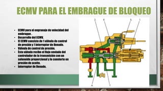 ECMV PARA EL EMBRAGUE DE BLOQUEO
• ECMV para el engranaje de velocidad del
embrague .
• Desarrollo del ECMV.
• El ECMV consiste de 1 válvula de control
de presión y 1 interruptor de llenado.
• Válvula de control de presión.
• Ésta válvula recibe el flujo enviado del
controlador de la transmisión con un
solenoide proporcional y lo convierte en
presión de aceite.
• Interruptor de llenado.
 