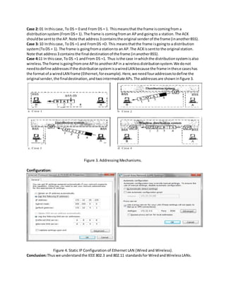 Case 2: 01 Inthiscase, To DS = 0 and From DS = 1. Thismeansthat the frame iscomingfrom a
distributionsystem(From DS= 1). The frame is comingfroman APand goingto a station.The ACK
shouldbe sentto the AP.Note that address3 containsthe original senderof the frame (inanotherBSS).
Case 3: 10 Inthiscase, To DS =1 and FromDS =O. This meansthatthe frame isgoingto a distribution
system(ToDS = 1). The frame is goingfroma stationto an AP.The ACKissentto the original station.
Note that address3 containsthe final destinationof the frame (inanotherBSS).
Case 4:11 In thiscase,To DS =1 andFrom DS =1. Thus isthe case inwhichthe distributionsystemisalso
wireless.The frame isgoingfromone APto anotherAPin a wirelessdistributionsystem.We donot
needtodefine addressesif the distributionsystemisawiredLAN because the frame inthese caseshas
the format of a wiredLAN frame (Ethernet,forexample).Here,we needfouraddressestodefine the
original sender,the finaldestination,andtwointermediate APs.The addressesare showninfigure 3.
Figure 3. Addressing Mechanisms.
Configuration:
Figure 4. Static IP Configuration of Ethernet LAN (Wired and Wireless).
Conclusion:Thuswe understandthe IEEE 802.3 and 802.11 standardsfor WiredandWirelessLANs.
 