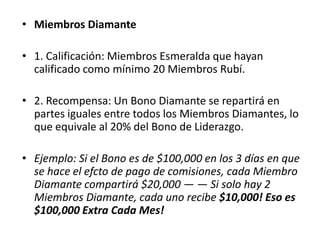 • Miembro Esmeralda

• 1. Calificación: Miembros Rubí que hayan referido
  como mínimo a otros 10 Miembros Rubí.

• 2. Recompensa: Un Bono Esmeralda se dividirá en
  partes iguales con todos los Miembros Esmeralda, lo
  que equivale al 20% del Bono de Liderazgo.

• Ejemplo: Si el Bono de Liderazgo suma $100,000 en los
  3 días en que se realiza el efecto de pago, cada
  Miembro Esmeralda activo compartirá $20,000 (20%
  del total de la piscina) — — Si hay 10 Miembros
  Esmeralda activos para entonces, cada uno recibirá
  $2,000! Eso es $20,000 Extra Cada mes!
 