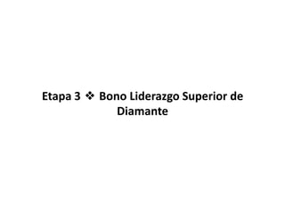 • Miembros Diamante

• 1. Calificación: Miembros Esmeralda que hayan
  calificado como mínimo 20 Miembros Rubí.

• 2. Recompensa: Un Bono Diamante se repartirá en
  partes iguales entre todos los Miembros Diamantes, lo
  que equivale al 20% del Bono de Liderazgo.

• Ejemplo: Si el Bono es de $100,000 en los 3 días en que
  se hace el efcto de pago de comisiones, cada Miembro
  Diamante compartirá $20,000 — — Si solo hay 2
  Miembros Diamante, cada uno recibe $10,000! Eso es
  $100,000 Extra Cada Mes!
 