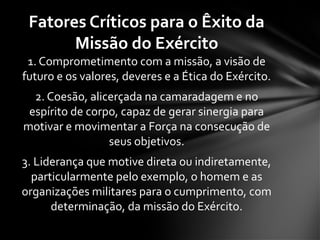 1. Comprometimento com a missão, a visão de
futuro e os valores, deveres e a Ética do Exército.
2. Coesão, alicerçada na camaradagem e no
espírito de corpo, capaz de gerar sinergia para
motivar e movimentar a Força na consecução de
seus objetivos.
3. Liderança que motive direta ou indiretamente,
particularmente pelo exemplo, o homem e as
organizações militares para o cumprimento, com
determinação, da missão do Exército.
Fatores Críticos para o Êxito da
Missão do Exército
 