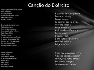 E quando a nação querida,
Frente ao inimigo,
Correr perigo,
Se dermos por ela a vida
Rebrilha a glória,
Fulge a vitória.
Assim ao Brasil faremos
Oferta igual
De amor filial.
E a ti, Pátria, salvaremos!
Rebrilha a glória,
Fulge a vitória.
A paz queremos com fervor,
A guerra só nos causa dor.
Porém, se a Pátria amada
For um dia ultrajada
Lutaremos sem temor.
Nós somos da Pátria a guarda,
Fiéis soldados,
Por ela amados.
Nas cores de nossa farda
Rebrilha a glória,
Fulge a vitória.
Em nosso valor se encerra
Toda a esperança
Que um povo alcança.
Quando altiva for aTerra
Rebrilha a glória,
Fulge a vitória.
A paz queremos com fervor,
A guerra só nos causa dor.
Porém, se a Pátria amada
For um dia ultrajada
Lutaremos sem temor.
Como é sublime
Saber amar,
Com a alma adorar
A terra onde se nasce!
Amor febril
Pelo Brasil
No coração
Nosso que passe
Canção do Exército
 