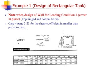  Note when design of Wall for Loading Condition 3 (cover
in place) (Top hinged and bottom fixed)
 Case 4 page 2-23 for the shear coefficient is smaller than
previous case.
Example 1 (Design of Rectangular Tank)
 