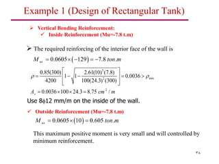 38
 Vertical Bending Reinforcement:
 Inside Reinforcement (Mu=-7.8 t.m)
5
min
2
2
0.85(300) 2.61(10) (7.8)
1 1 0.0036
4200 100(24.3) (300)
0.0036 100 24.3 8.75 /
s
A cm m
 
 
    
 
 
 
   
This maximum positive moment is very small and will controlled by
minimum reinforcement.
 The required reinforcing of the interior face of the wall is
 
0.0605 129 7.8 .
ux
M ton m
    
 Outside Reinforcement (Mu=-7.8 t.m)
 
0.0605 10 0.605 .
ux
M ton m
  
Use 812 mm/m on the inside of the wall.
Example 1 (Design of Rectangular Tank)
 