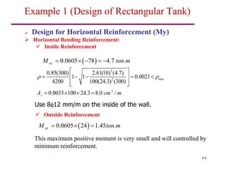 39
 Design for Horizontal Reinforcement (My)
 Horizontal Bending Reinforcement:
 Inside Reinforcement
5
min
2
2
0.85(300) 2.61(10) (4.7)
1 1 0.0021
4200 100(24.3) (300)
0.0033 100 24.3 8.0 /
s
A cm m
 
 
    
 
 
 
   
This maximum positive moment is very small and will controlled by
minimum reinforcement.
 
0.0605 78 4.7 .
ux
M ton m
    
 Outside Reinforcement
 
0.0605 24 1.45 .
ux
M ton m
  
Use 812 mm/m on the inside of the wall.
Example 1 (Design of Rectangular Tank)
 