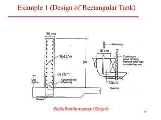 41
Example 1 (Design of Rectangular Tank)
Slab Reinforcement Details
812/m
3m
812/m
30 cm
7.5cm
10 cm
Walls Reinforcement Details
 