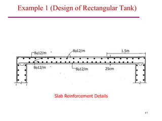 51
812/m 812/m
812/m
812/m
25cm
1.5m
Example 1 (Design of Rectangular Tank)
Slab Reinforcement Details
 