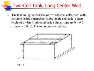 Two-Cell Tank, Long Center Wall
 The tank in Figure consists of two adjacent cells, each with
the same inside dimensions as the single cell tank (a clear
height of a =3m. Horizontal inside dimensions are b = 9.0
m and c = 3.0 m). The top is considered free.
 