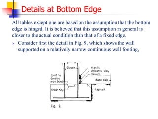 Details at Bottom Edge
All tables except one are based on the assumption that the bottom
edge is hinged. It is believed that this assumption in general is
closer to the actual condition than that of a fixed edge.
 Consider first the detail in Fig. 9, which shows the wall
supported on a relatively narrow continuous wall footing,
 