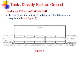 Tanks Directly Built on Ground
Tanks on Fill or Soft Weak Soil
 In case of medium soils at foundation level, raft foundation
may be used (see Figure 2).
Figure 2
 