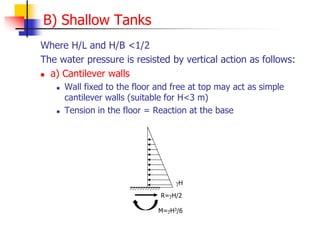 B) Shallow Tanks
Where H/L and H/B <1/2
The water pressure is resisted by vertical action as follows:
 a) Cantilever walls
 Wall fixed to the floor and free at top may act as simple
cantilever walls (suitable for H<3 m)
 Tension in the floor = Reaction at the base
R=H/2
M=H3/6
H
 
