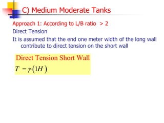 C) Medium Moderate Tanks
Approach 1: According to L/B ratio > 2
Direct Tension
It is assumed that the end one meter width of the long wall
contribute to direct tension on the short wall
 
Direct Tension Short Wall
1
T H


 