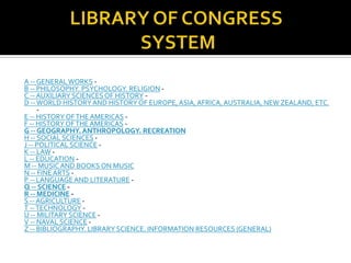 LIBRARY OF CONGRESS SYSTEMA -- GENERAL WORKS -B -- PHILOSOPHY. PSYCHOLOGY. RELIGION -C -- AUXILIARY SCIENCES OF HISTORY -D -- WORLD HISTORY AND HISTORY OF EUROPE, ASIA, AFRICA, AUSTRALIA, NEW ZEALAND, ETC. -E -- HISTORY OF THE AMERICAS - F -- HISTORY OF THE AMERICAS -G -- GEOGRAPHY. ANTHROPOLOGY. RECREATIONH -- SOCIAL SCIENCES -J -- POLITICAL SCIENCE -K -- LAW -L -- EDUCATION -M -- MUSIC AND BOOKS ON MUSICN -- FINE ARTS -P -- LANGUAGE AND LITERATURE -Q -- SCIENCE -R -- MEDICINE -S -- AGRICULTURE -T -- TECHNOLOGY -U -- MILITARY SCIENCE -V -- NAVAL SCIENCE -Z -- BIBLIOGRAPHY. LIBRARY SCIENCE. INFORMATION RESOURCES (GENERAL)