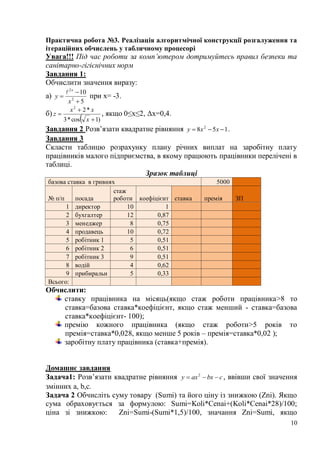 10
Практична робота №3. Реалізація алгоритмічної конструкції розгалуження та
ітераційних обчислень у табличному процесорі
Увага!!! Під час роботи за комп’ютером дотримуйтесь правил безпеки та
санітарно-гігієнічних норм
Завдання 1:
Обчислити значення виразу:
а)
5
10
2
2



x
y
x

при х= -3.
б)
 )1cos*3
*22



x
xx
z , якщо 0≤х≤2, Δх=0,4.
Завдання 2 Розв’язати квадратне рівняння 158 2
 xxy .
Завдання 3
Скласти таблицю розрахунку плану річних виплат на заробітну плату
працівників малого підприємства, в якому працюють працівники перелічені в
таблиці.
Зразок таблиці
базова ставка в гривнях 5000
№ п/п посада
стаж
роботи коефіцієнт ставка премія ЗП
1 директор 10 1
2 бухгалтер 12 0,87
3 менеджер 8 0,75
4 продавець 10 0,72
5 робітник 1 5 0,51
6 робітник 2 6 0,51
7 робітник 3 9 0,51
8 водій 4 0,62
9 прибиральн 5 0,33
Всього:
Обчислити:
ставку працівника на місяць(якщо стаж роботи працівника>8 то
ставка=базова ставка*коефіцієнт, якщо стаж менший - ставка=базова
ставка*коефіцієнт- 100);
премію кожного працівника (якщо стаж роботи>5 років то
премія=ставка*0,028, якщо менше 5 років – премія=ставка*0,02 );
заробітну плату працівника (ставка+премія).
Домашнє завдання
Задача1: Розв’язати квадратне рівняння cbxaxy  2
, ввівши свої значення
змінних a, b,c.
Задача 2 Обчисліть суму товару (Sumi) та його ціну із знижкою (Zni). Якщо
сума обраховується за формулою: Sumi=Koli*Cenai+(Koli*Cenai*28)/100;
ціна зі знижкою: Zni=Sumi-(Sumi*1,5)/100, значання Zni=Sumi, якщо
 