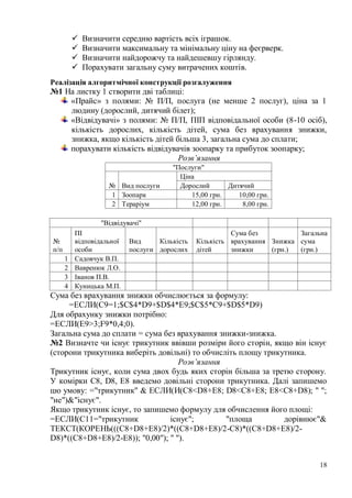 18
 Визначити середню вартість всіх іграшок.
 Визначити максимальну та мінімальну ціну на феєрверк.
 Визначити найдорожчу та найдешевшу гірлянду.
 Порахувати загальну суму витрачених коштів.
Реалізація алгоритмічної конструкції розгалуження
№1 На листку 1 створити дві таблиці:
«Прайс» з полями: № П/П, послуга (не менше 2 послуг), ціна за 1
людину (дорослий, дитячий білет);
«Відвідувачі» з полями: № П/П, ПІП відповідальної особи (8-10 осіб),
кількість дорослих, кількість дітей, сума без врахування знижки,
знижка, якщо кількість дітей більша 3, загальна сума до сплати;
порахувати кількість відвідувачів зоопарку та прибуток зоопарку;
Розв’язання
"Послуги"
№ Вид послуги
Ціна
Дорослий Дитячий
1 Зоопарк 15,00 грн. 10,00 грн.
2 Тераріум 12,00 грн. 8,00 грн.
"Відвідувачі"
№
п/п
ПІ
відповідальної
особи
Вид
послуги
Кількість
дорослих
Кількість
дітей
Сума без
врахування
знижки
Знижка
(грн.)
Загальна
сума
(грн.)
1 Садовчук В.П.
2 Вавренюк Л.О.
3 Іванов П.В.
4 Куницька М.П.
Сума без врахування знижки обчислюється за формулу:
=ЕСЛИ(C9=1;$C$4*D9+$D$4*E9;$C$5*C9+$D$5*D9)
Для обрахунку знижки потрібно:
=ЕСЛИ(E9>3;F9*0,4;0).
Загальна сума до сплати = сума без врахування знижки-знижка.
№2 Визначте чи існує трикутник ввівши розміри його сторін, якщо він існує
(сторони трикутника виберіть довільні) то обчисліть площу трикутника.
Розв’язання
Трикутник існує, коли сума двох будь яких сторін більша за третю сторону.
У комірки C8, D8, E8 введемо довільні сторони трикутника. Далі запишемо
цю умову: ="трикутник" & ЕСЛИ(И(C8<D8+E8; D8<C8+E8; E8<C8+D8); " ";
"не")&"існує".
Якщо трикутник існує, то запишемо формулу для обчислення його площі:
=ЕСЛИ(C11="трикутник існує"; "площа дорівнює"&
ТЕКСТ(КОРЕНЬ(((C8+D8+E8)/2)*((C8+D8+E8)/2-C8)*((C8+D8+E8)/2-
D8)*((C8+D8+E8)/2-E8)); "0,00"); " ").
 