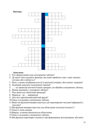 26
Кросворд
Запитання:
1. Хто сформулював ідею електронних таблиць?
2. До якого типу належить функція, яка може приймати одне з двох значень:
«істина» або «хибність»?
3. Поле, у якому відображається ім’я виділеної комірки, або елемент діаграми?
4. Основний документ електронної таблиці?
5. … - це процесор взаємозв’язаних програм для обробки електронних таблиць.
6. Якими масивами є електронні таблиці?
7. Чим являється табличний процесор?
8. Формула – це … вираження.
9. Для чого призначений робочий аркуш?
10.Одна із складових електронних таблиць.
11.Який тип функцій використовується для перетворення числової інформації у
текстову?
12.Яка функція використовується для обчислення загальної кількості?
13.Один із типів діаграм.
14.Вирази, за якими виконуються обчислення.
15.Одна із складових електронних таблиць.
16.Яка функція перетворює відомості про формування, розташування, або вміст
 