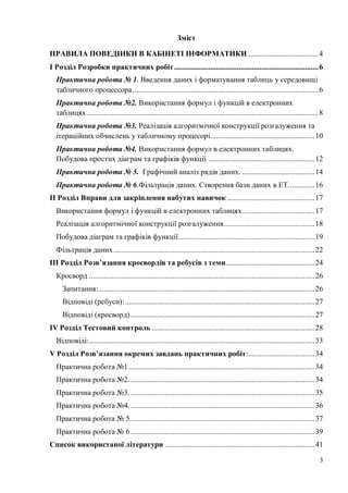 3
Зміст
ПРАВИЛА ПОВЕДІНКИ В КАБІНЕТІ ІНФОРМАТИКИ .....................................4
І Розділ Розробки практичних робіт............................................................................6
Практична робота № 1. Введення даних і форматування таблиць у середовищі
табличного процессора..................................................................................................6
Практична робота №2. Використання формул і функцій в електронних
таблицях ..........................................................................................................................8
Практична робота №3. Реалізація алгоритмічної конструкції розгалуження та
ітераційних обчислень у табличному процесорі.......................................................10
Практична робота №4. Використання формул в електронних таблицях.
Побудова простих діаграм та графіків функції.........................................................12
Практична робота № 5. Графічний аналіз рядів даних. ......................................14
Практична робота № 6.Фільтрація даних. Створення бази даних в ЕТ..............16
ІІ Розділ Вправи для закріплення набутих навичок ..............................................17
Використання формул і функцій в електронних таблицях......................................17
Реалізація алгоритмічної конструкції розгалуження................................................18
Побудова діаграм та графіків функції........................................................................19
Фільтрація даних..........................................................................................................22
ІІІ Розділ Розв’язання кросвордів та ребусів з теми...............................................24
Кросворд .......................................................................................................................26
Запитання:..................................................................................................................26
Відповіді (ребуси):....................................................................................................27
Відповіді (кросворд).................................................................................................27
ІV Розділ Тестовий контроль......................................................................................28
Відповіді:.......................................................................................................................33
V Розділ Розв’язання окремих завдань практичних робіт:...................................34
Практична робота №1..................................................................................................34
Практична робота №2..................................................................................................34
Практична робота №3..................................................................................................35
Практична робота №4..................................................................................................36
Практична робота № 5.................................................................................................37
Практична робота № 6.................................................................................................39
Список використаної літератури ...............................................................................41
 