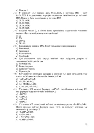 32
d) Поверх 5;
36) У клітинку D12 введено дату 08.03.2008, у клітинку D13 – дату
08.04.2009 і за допомогою маркера заповнення скопійовано до клітинки
D16. Яка дата буде відображена у клітинці D15
a) 08.06.2008;
b) 08.06.2011;
c) 08.04.2008;
d) 08.07.2012;
37) Введено число 2, а потім йому призначено відсотковий числовий
формат. Яке число буде виведено в клітинці
a) 2;
b) 2%;
c) 200%;
d) 2Е+00;
38) Із клавіатури введено 25%. Який тип даних буде призначено
a) Текстовий;
b) Загальний;
c) Відсотковий;
d) Дробовий;
39) Для визначення чого слугує перший крок побудови діаграм за
допомогою Майстра діаграм
a) Розміщення;
b) Типу діаграми;
c) Діапазону даних;
d) Параметрів;
40) Яку формулу необхідно записати у клітинку А5, щоб обчислити суму
чисел, які містяться в діапазоні клітинок А1:А4
a) =А1+А2+А3+А4;
b) =SUM (А1:А4);
c) А5=SUM (А1:А4);
d) А1+А2+А3+А4=А5;
41) У клітинку С1 введено формулу =А1*А2 і скопійовано в клітинку С2,
яка формула буде міститися в клітинці С2
a) =В1*В2;
b) =А1*А2;
c) =А2*А3;
d) =В2*В3;
42) У клітинці С2 електронної таблиці записано формулу =$A$1*A2+B2.
Якого вигляду набуде формула після того, як формулу клітинки C2
скопіюють у клітинку С3
a) =$A$1*A3+B3;
b) =A2*A3+B3;
c) = A2*$A$2+B2$;
d) =$A$1*A2+B2;
 
