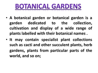 • A botanical garden or botanical garden is a
garden dedicated to the collection,
cultivation and display of a wide range of
plants labelled with their botanical names .
• It may contain specialist plant collections
such as cacti and other succulent plants, herb
gardens, plants from particular parts of the
world, and so on;
 